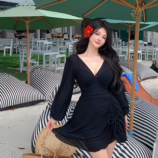 大胸钢托聚拢泳装 连体泳衣女黑色裙式 泳衣女胖mm性感V领长袖 大码