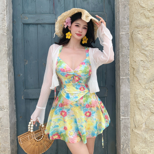 长袖 泳衣女连体裙式 罩衫 遮肚子海边度假大码 新款 微胖温泉泳装 大码