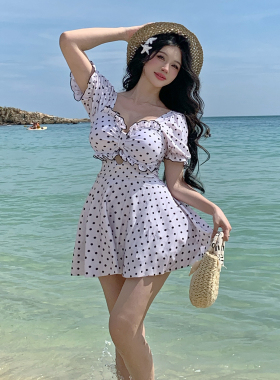 小清新波点裙式大码连体泳衣女两件套微胖女孩遮肚显瘦纯欲度假风