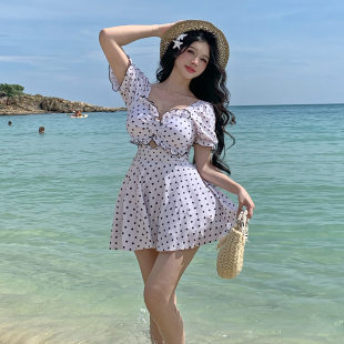 小清新波点裙式 连体泳衣女两件套微胖女孩遮肚显瘦纯欲度假风 大码