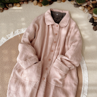 亚麻文艺女装 夹棉中长外套休闲保暖棉衣棉袄 宽松轻薄棉服初冬新品