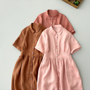 裙 夏季 新品 亚麻A字裙女士极简风连衣裙宽松休闲百搭短袖 收腰衬衫