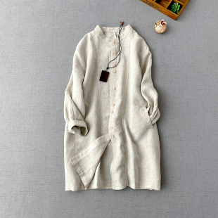 亚麻薄风衣外套立领文艺范宽松加厚衬衫 秋季 中长款 女装 外搭 新品