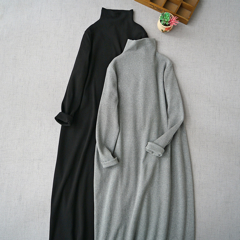 秋冬新品半高领修身显瘦全棉针织长裙舒适纯色休闲打底内搭连衣裙