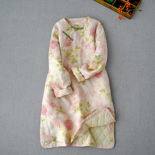 印花夹棉连衣裙舒适中长轻薄棉衣