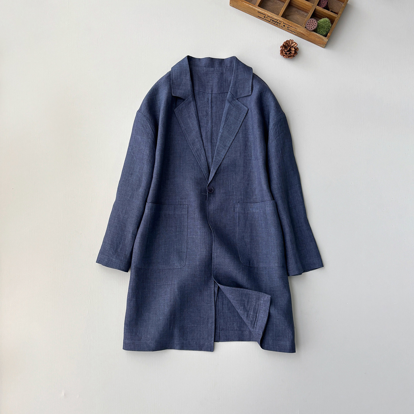 亚麻西装女极简风九分袖宽松格子西服通勤休闲中长款亚麻风衣外套