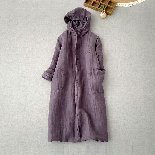 初冬长款连帽亚麻夹棉轻薄棉衣