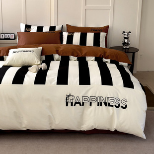 高级感全棉纯棉四件套个性床上用品黑白条纹床单被套床笠款4件套