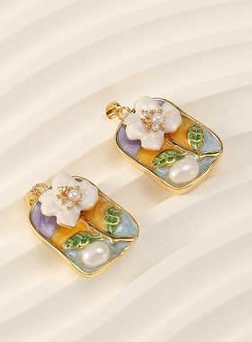 莫奈花园油画复古巴洛克风珍珠花朵方牌吊坠手工diy项链手链配件