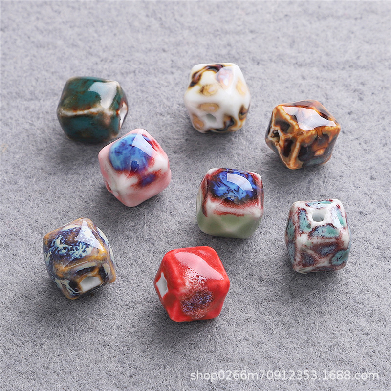 5个1包 浮正方花釉瓷珠自制diy古风步摇项链手串材料散珠隔珠材料