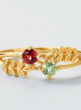 复古石榴石麦穗925银镀金戒指