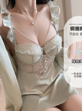 性感睡衣女镂空露背深V带胸垫珍珠钢托聚拢小胸显大蕾丝吊带睡裙