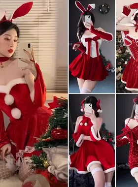 大码性感圣诞装红色丝绒新年礼物兔女郎制服纯欲辣妹胖M家居套装