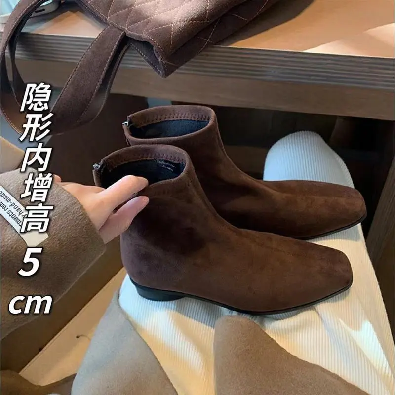 内增高5cm法式方头复古绒面短靴