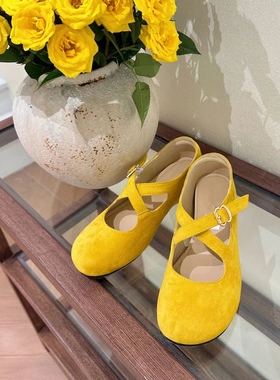 BaL2025春季新品交叉黄色芭蕾单鞋圆头内增高女扣带绒面玛丽珍鞋