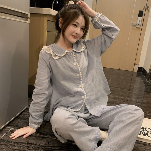 曼曜DM雾灰河畔高定设计款冬款家居服套装纯色蕾丝暗纹绣花睡衣