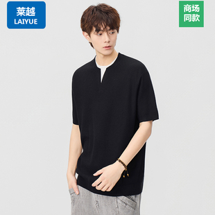 莱越2026夏季 T恤男黑色慵懒风休闲上衣 假两件V领针织短袖