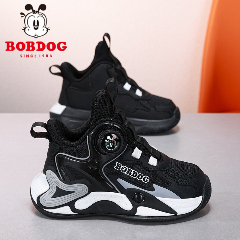 巴布豆童鞋儿童篮球鞋2025春秋季透气网面旋转纽扣黑色男童运动鞋