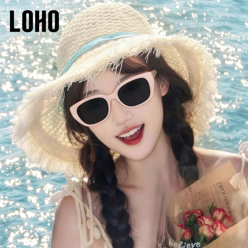 LOHO太阳眼镜女款粉白色显脸小女士防晒抗UV猫眼太阳眼镜女近视太