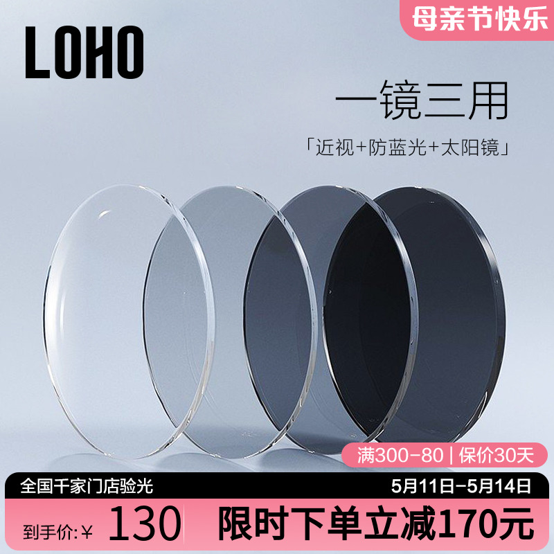 LOHO感光变色镜片超薄防蓝光1.56非球面专业定制配近视眼睛度数