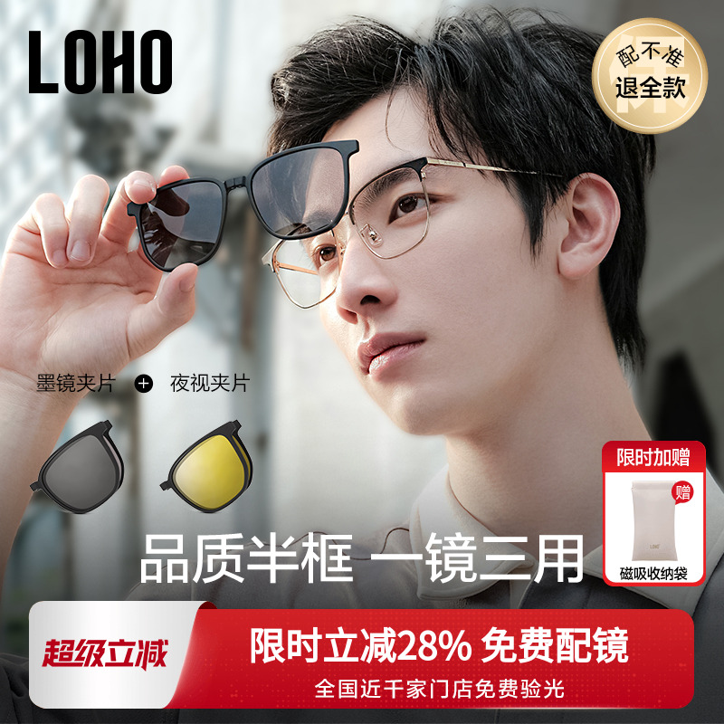 【一镜三用】LOHO近视眼镜磁吸墨镜半框大框套镜太阳镜夹片带度数