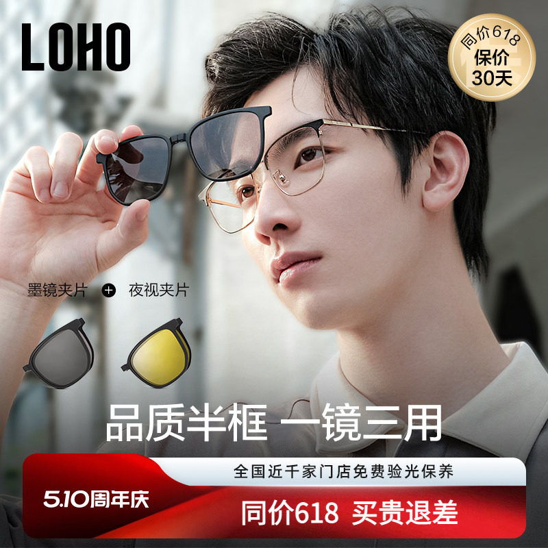 【一镜三用】LOHO近视眼镜磁吸墨镜半框大框套镜太阳镜夹片带度数