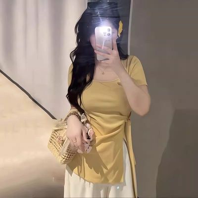 大码胖mm遮肚子显瘦上衣女2025夏季新款设计感开叉绑带短袖T恤