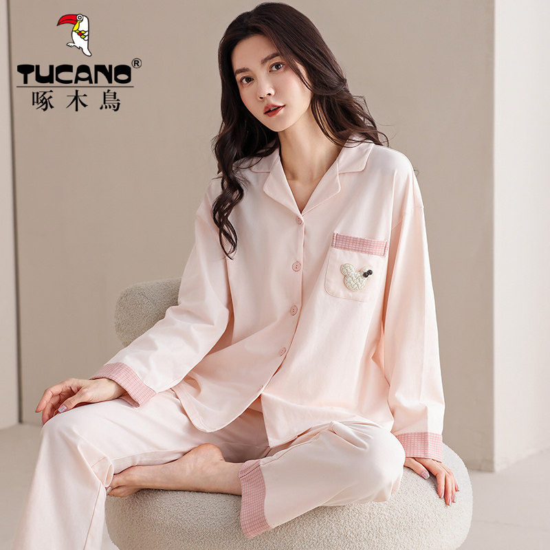 啄木鸟纯棉女士睡衣春秋季长袖开衫套装款冬夏天全棉质宽松家居服