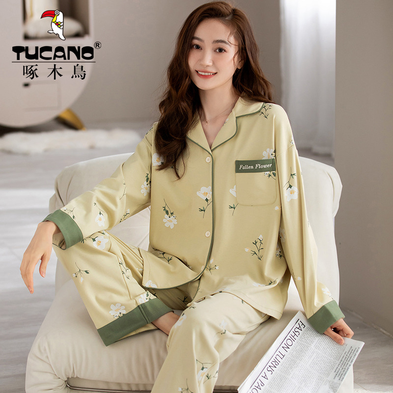 啄木鸟纯棉睡衣女春秋款长袖套装