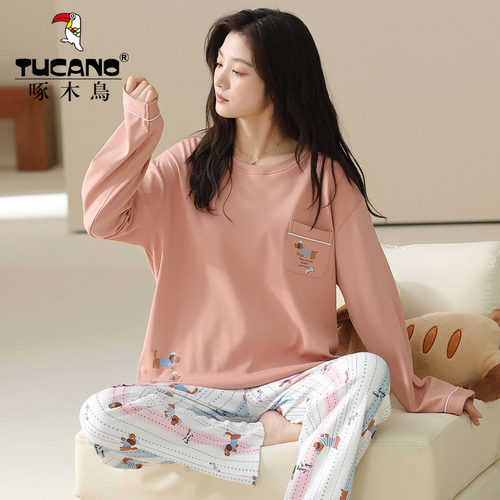 啄木鸟女士睡衣春秋纯棉长袖套装