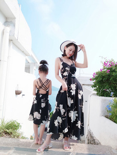 韩版 2021夏装 亲子装 印花露背性感吊带连衣度假沙滩裙5 新款 中长款