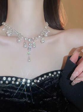 满锆珍珠流苏项链配饰女颈链choker锁骨链轻奢小众高级感2024新款