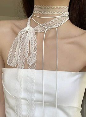纯欲氛围感蕾丝颈带百搭蝴蝶结锁骨飘带韩式叠戴头饰长条丝巾项链