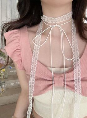 蕾丝飘带叠戴层次感设计蕾丝飘带细窄女春夏百搭锁骨颈带丝巾项链