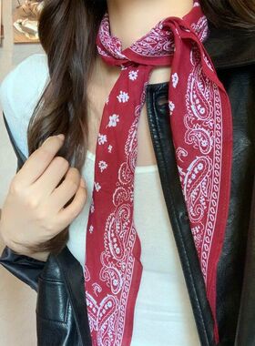 复古安可拉红色腰果花绑发丝巾女高级感低马尾领巾系脖飘带配饰