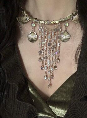 中古vintage做旧古铜色贝壳水晶流苏项链女小众轻奢choker项圈潮