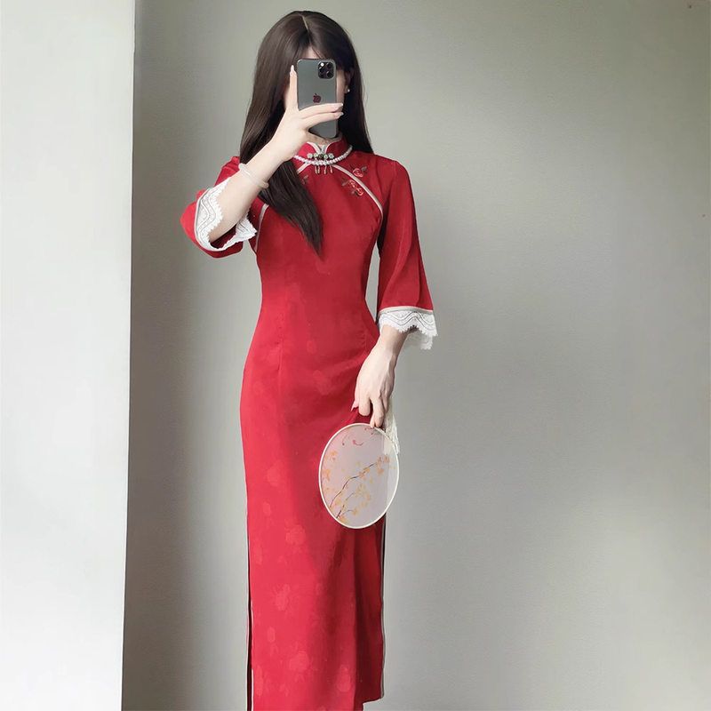 红色旗袍2025新款敬酒服新娘秋冬款女高级感长袖订婚礼裙出阁冬季