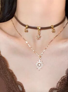 复古棕色太阳双层项链choker美拉德小众百搭颈链美式辣妹锁骨链女