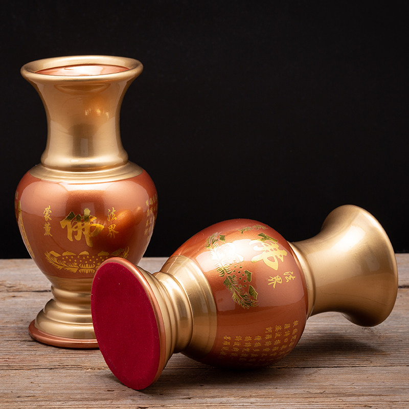 陶瓷彷铜佛像瓶，大直径富观音竹花瓶，一对家庭客厅干花瓶装饰品