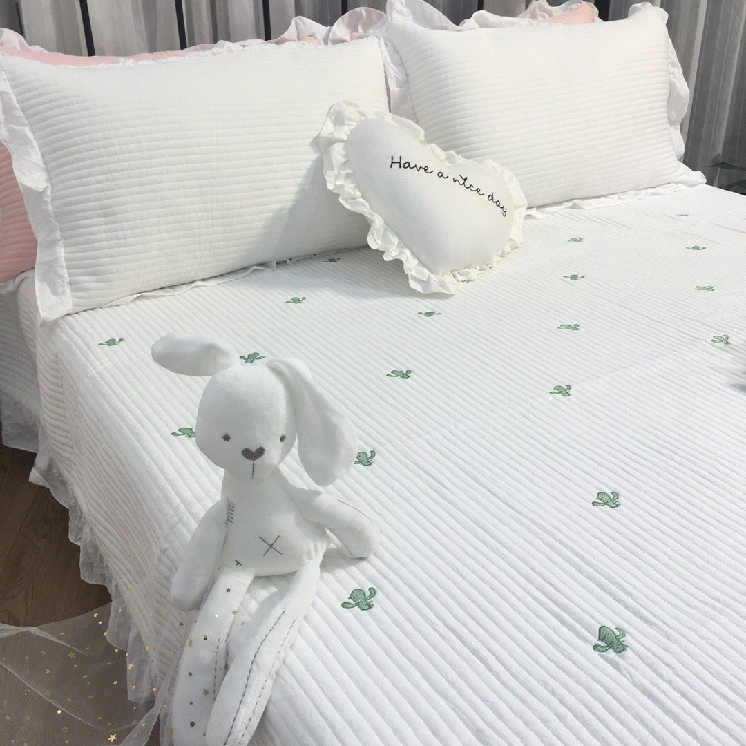 韩国ins风荷叶边床盖三件套夹棉缝纫刺绣水洗棉床单空调被夏被,床上用品,床盖,淘宝优惠券,粉丝福利购,淘宝优惠卷