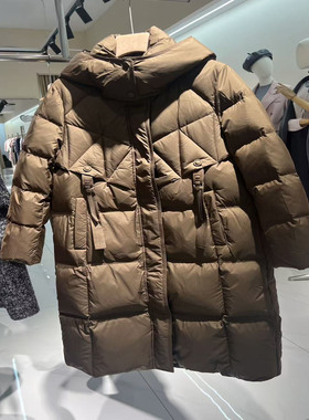 042R001商场同款中长款连帽白鸭绒保暖羽绒服2025冬季新款女外套