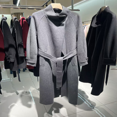 商场同款韩版长款过膝双面羊毛羊绒立领收腰外套2025秋冬款女大衣