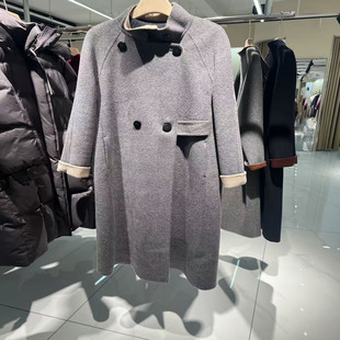 004S178商场同款 女羊毛大衣 撞色宽松立领双面羊绒外套2025秋冬款