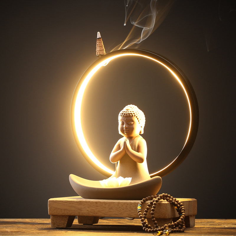 新中式禅意佛像摆件家居创意倒流香夜灯客厅玄关桌面装饰摆设品