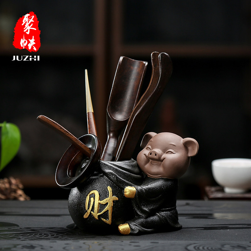 茶道六君子黑檀实木套装陶瓷小猪茶宠摆件功夫茶具配件组合收纳桶在类目 餐饮具, 茶具, 茶道/零配中 - 来自Buy2taobao.com提供专业的淘宝代购服务