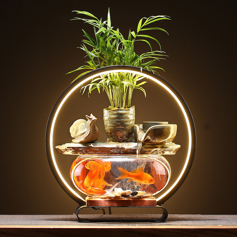 简约禅意家居喷泉鱼缸流水摆件灯圈生态鱼缸造景桌面装饰品大小型