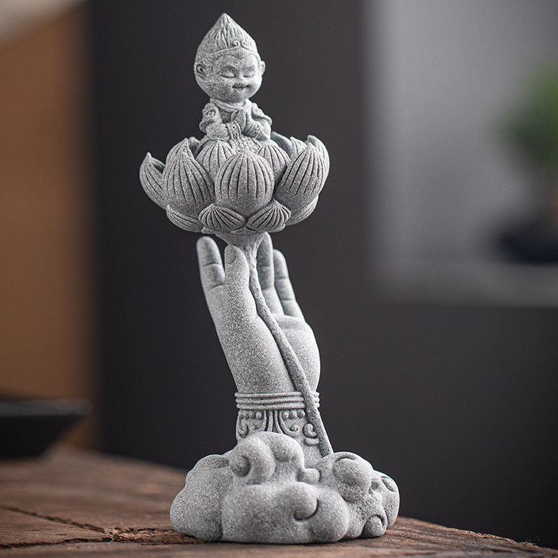 创意佛手莲花悟空茶宠摆件禅意悟空坐莲鱼缸造景园艺盆栽桌面装饰