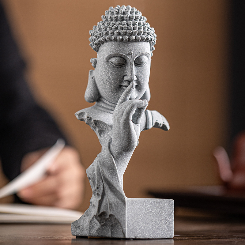 中式释迦牟尼佛像摆件青砂石鱼缸造景园艺桌面茶室装饰品如来茶宠
