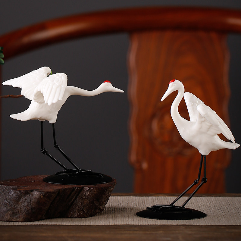 新中式白瓷仙鹤创意动物摆件盆栽景观陶瓷工艺品茶桌家居桌面装饰