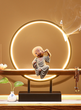 禅意小和a尚灯圈摆件创意倒流香炉家居客厅玄关茶台桌面装饰工艺